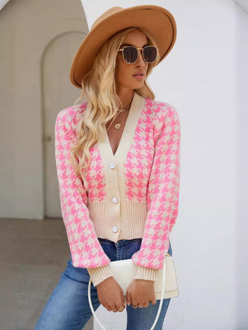 Woochic pull cardigan tricoté col en v motif pied-de-poule lâche manches lanterne rose S